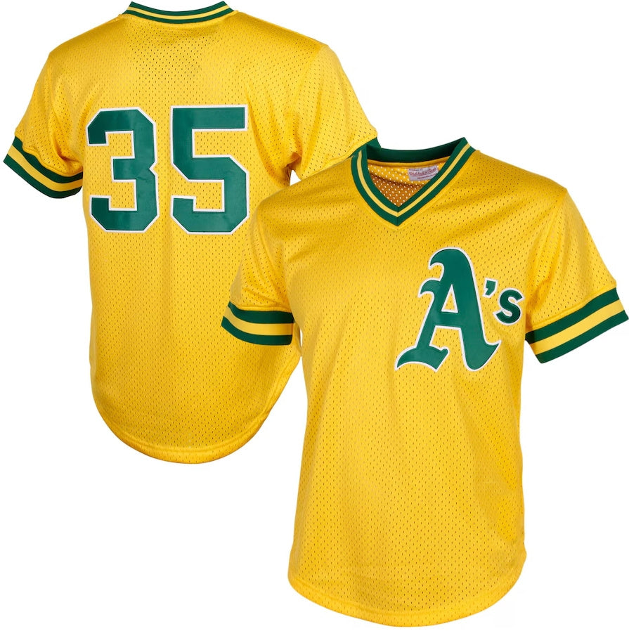 Oakland Athletics #35 Rickey Henderson Mitchell & Ness Cooperstown Mesh Batting Practice Jersey - Yellow Stitched Baseball Jersey