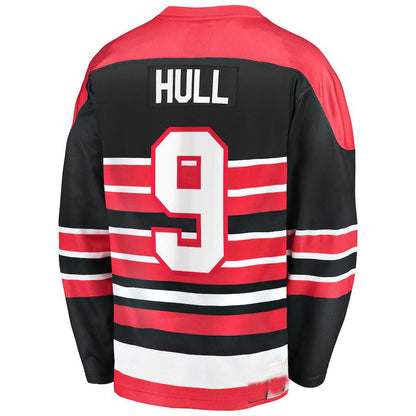 C.Blackhawks #9 Bobby Hull Fanatics Branded Premier Breakaway Retired Player Jersey Red Stitched American Hockey Jerseys CROVYIE