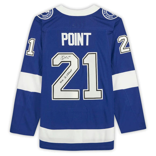 TB.Lightning #21 Brayden Point Fanatics Authentic Autographed with 2020 SC Champs Inscription Blue Stitched American Hockey Jerseys CROVYIE