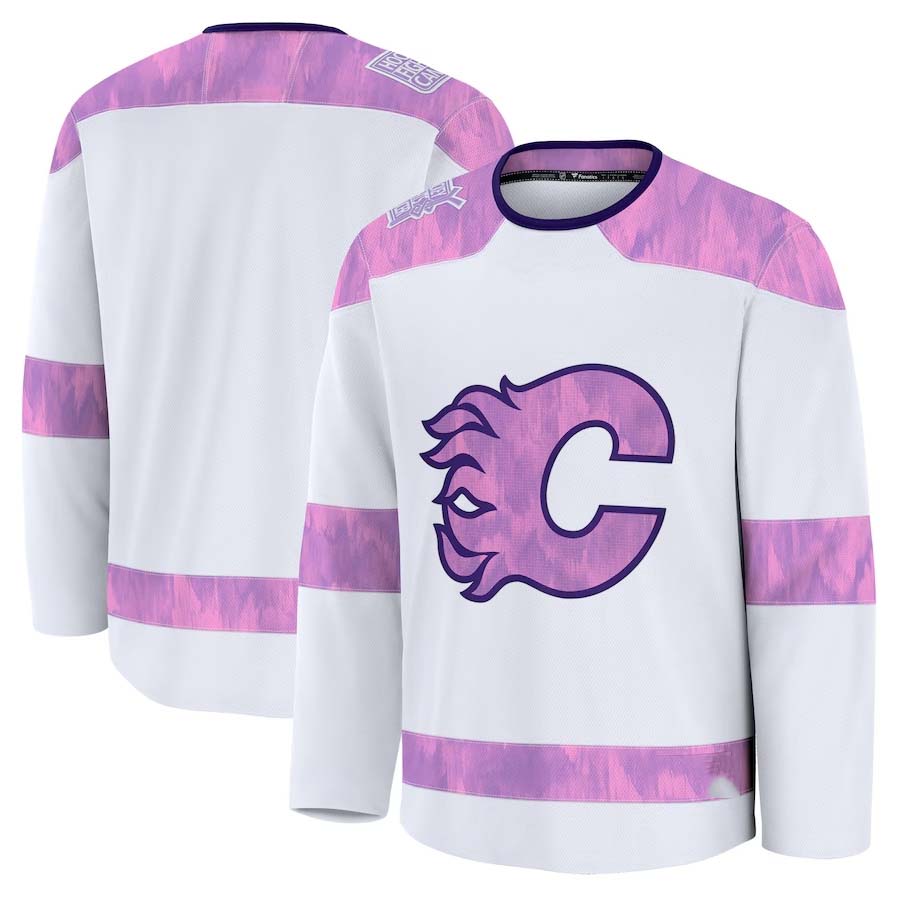 C.Flames Fanatics 2024 Hockey Fights Cancer Practice Jersey - White Stitched American Hockey Jerseys CROVYIE