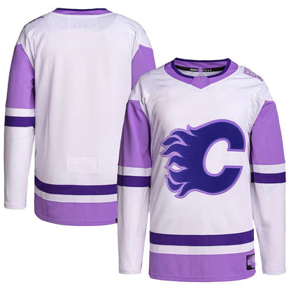 C.Flames Hockey Fights Cancer Primegreen Authentic Blank Practice Jersey White Purple Stitched American Hockey Jerseys CROVYIE