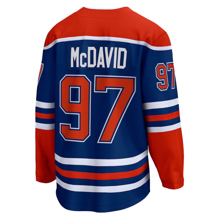 E.Oilers #97 Connor McDavid Fanatics Branded Home Premier Breakaway Player Jersey Royal Stitched American Hockey Jerseys CROVYIE