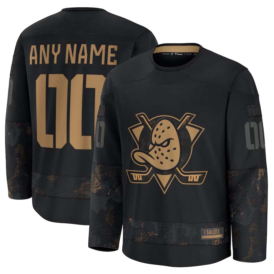 Custom A.Ducks Fanatics 2024 Military Appreciation Personalized Long Sleeve Practice Jersey - Black Stitched American Hockey Jerseys CROVYIE
