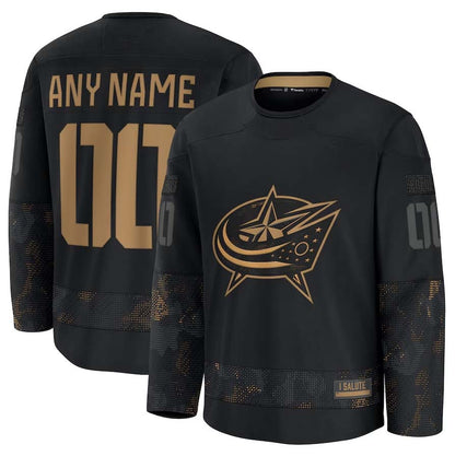 Custom C.Blue Jackets Fanatics 2024 Military Appreciation Personalized Long Sleeve Practice Jersey - Black Stitched American Hockey Jerseys CROVYIE