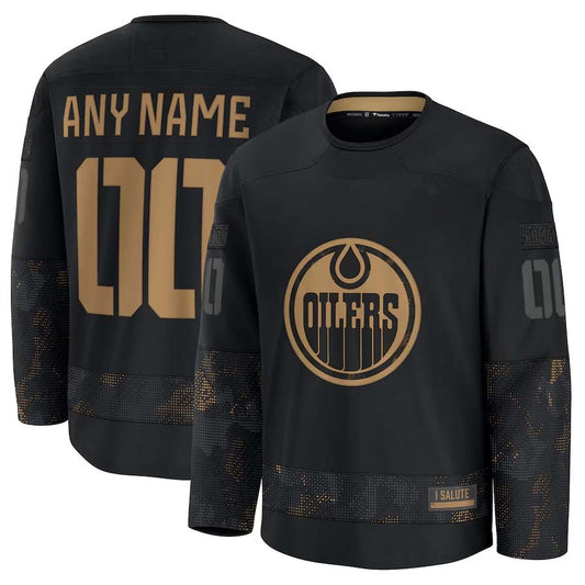 Custom E.Oilers Fanatics 2024 Military Appreciation Personalized Long Sleeve Practice Jersey - Black Stitched American Hockey Jerseys CROVYIE