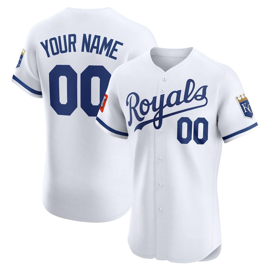 Custom Kansas City Royals Home Elite Sponsor Patch Jersey ¨C White Stitched Baseball Jersey