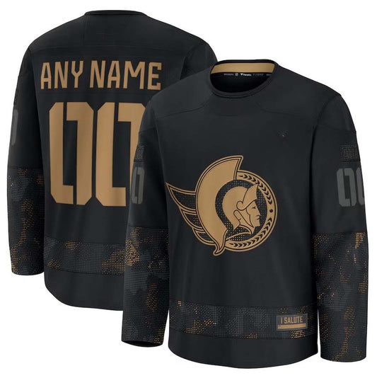 Custom O.Senators Fanatics 2024 Military Appreciation Personalized Long Sleeve Practice Jersey - Black Stitched American Hockey Jerseys CROVYIE
