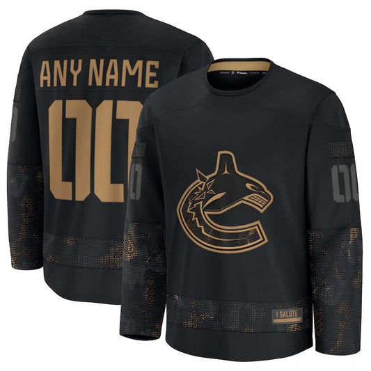 Custom V.Canucks Fanatics 2024 Military Appreciation Personalized Long Sleeve Practice Jersey - Black Stitched American Hockey Jerseys CROVYIE