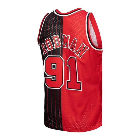 C.Bulls #91 Dennis Rodman Mitchell & Ness Big & Tall Hardwood Classics 1995-96 Split Swingman Jersey Red Black Stitched American Basketball Jersey