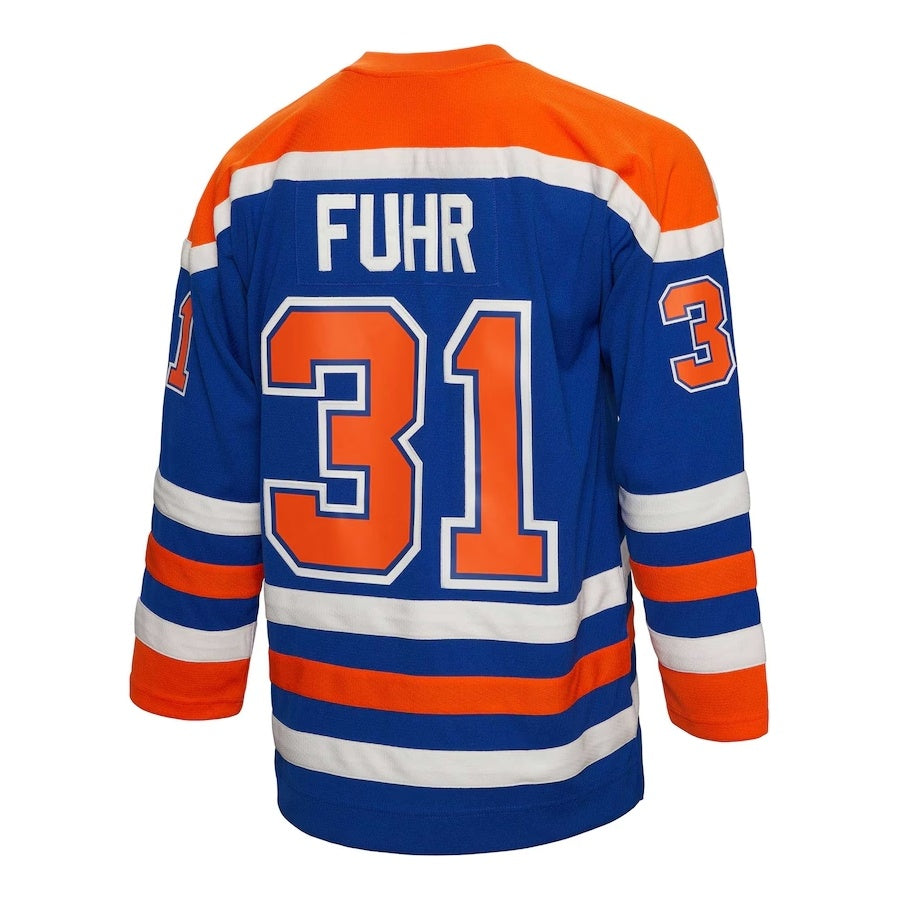 E.Oilers #31 Grant Fuhr Mitchell & Ness 1986-87 Blue Line Player Jersey - Royal Stitched American Hockey Jerseys CROVYIE