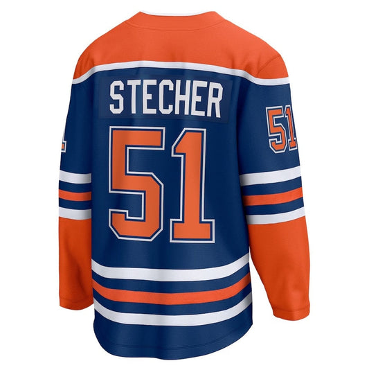 E.Oilers #51 Troy Stecher Fanatics Home Premier Breakaway Player Jersey - Royal Stitched American Hockey Jerseys CROVYIE