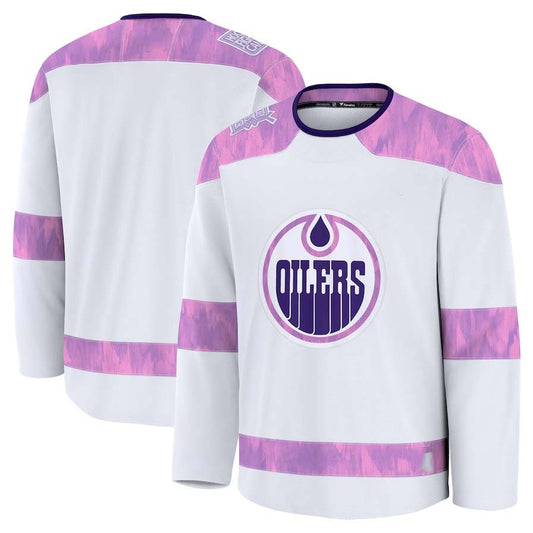 E.Oilers Fanatics 2024 Hockey Fights Cancer Practice Jersey - White Stitched American Hockey Jerseys CROVYIE