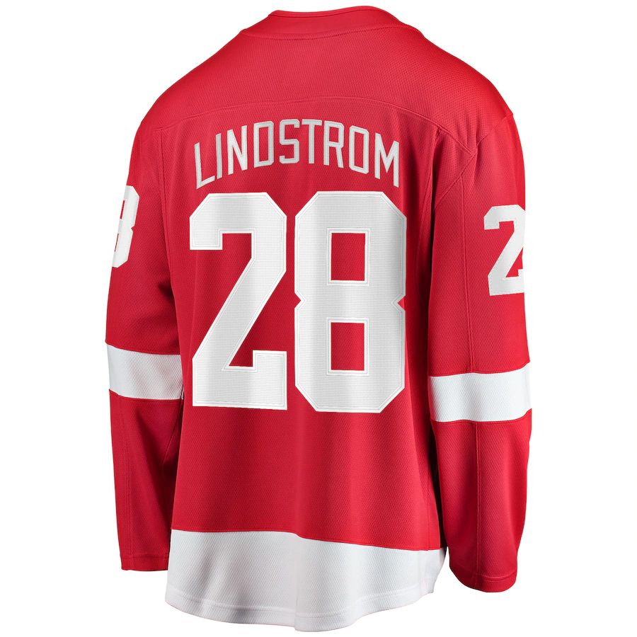 D.Red Wings #28 Gustav Lindstrom Fanatics Branded Home Breakaway Player Jersey Red Stitched American Hockey Jerseys CROVYIE
