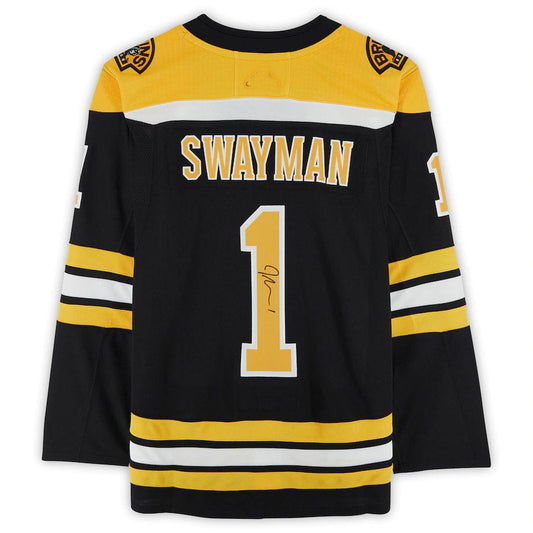 B.Bruins #1 Jeremy Swayman Fanatics Authentic Autographed Home Authentic Jersey Black Stitched American Hockey Jerseys CROVYIE