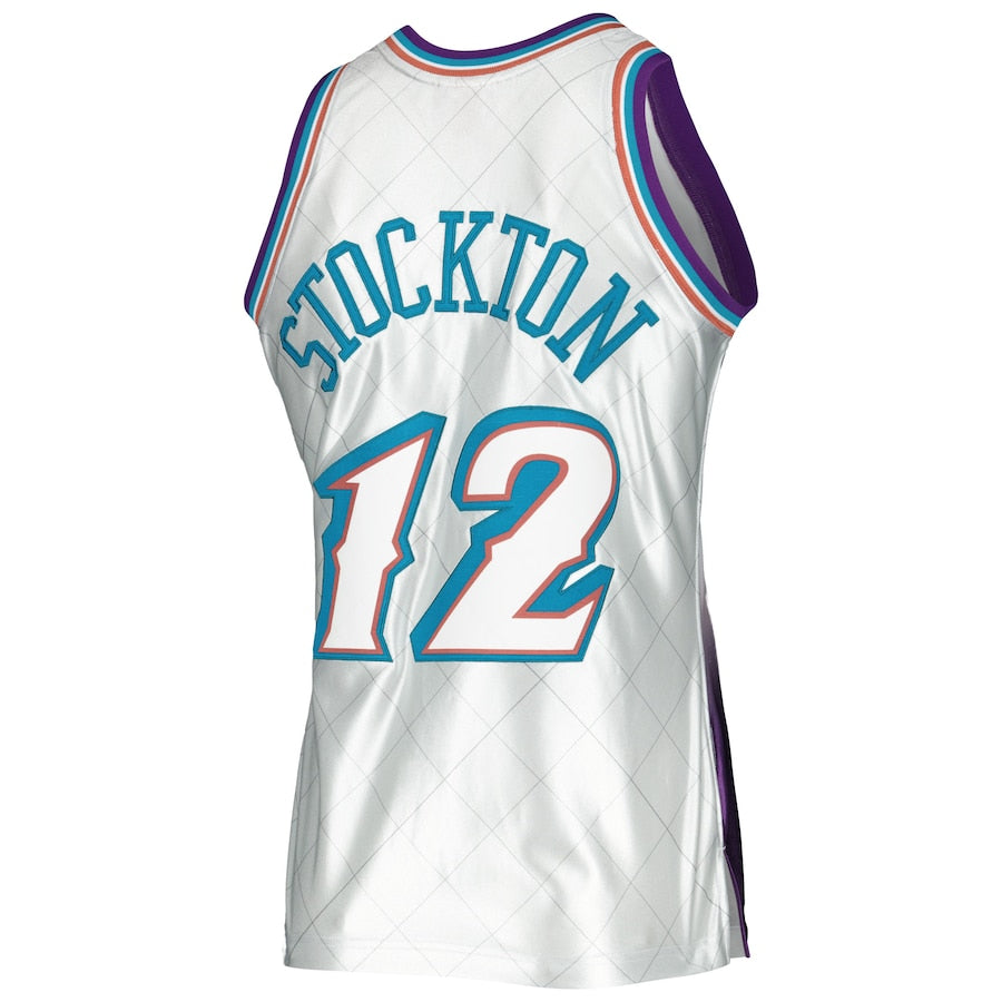 U.Jazz #12 John Stockton Mitchell & Ness 1996-97 Hardwood Classics 75th Anniversary Swingman Jersey Platinum Stitched American Basketball Jersey