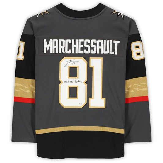 V.Golden Knights #81 Jonathan Marchessault Fanatics Authentic Autographed Breakaway Jersey with Defend the Fortress! Inscription Limited Edition of 17 Gray Hockey Jerseys CROVYIE