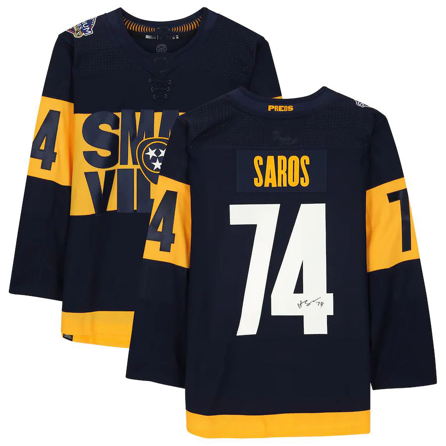 N.Predators #74 Juuse Saros Fanatics Authentic Autographed 2022 Stadium Series Jersey Navy Stitched American Hockey Jerseys CROVYIE