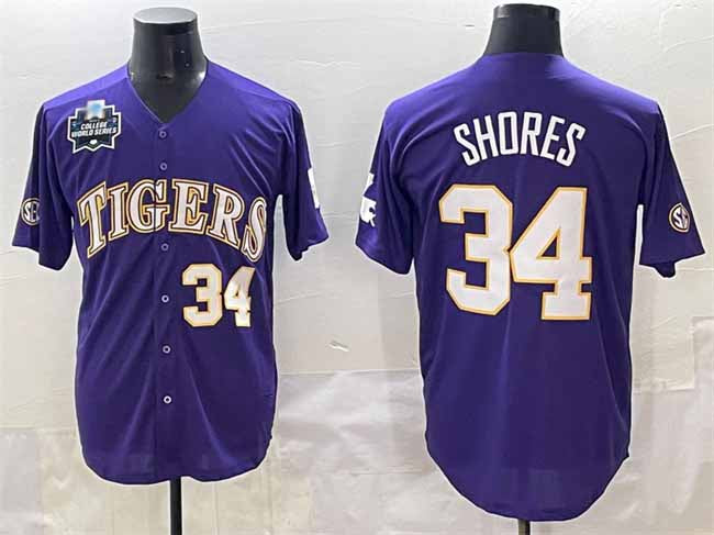 L.Tigers #34 Chase Shores Purple 2025 World Series Stitched Baseball American College Jerseys