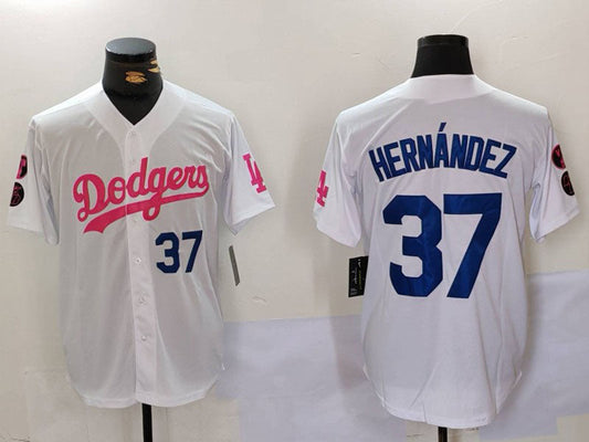 Los Angeles Dodgers #37 Teoscar Hern¨¢ndez White Pink Vin & Kobe Patch Stitched Baseball Jersey