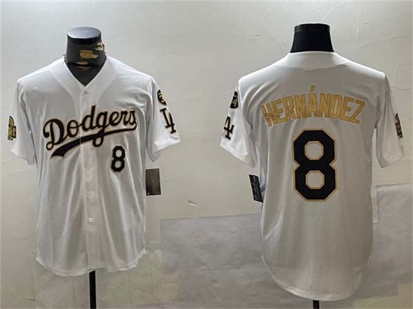 Los Angeles Dodgers #8 Enrique Hern¨¢ndez White Gold 2024 World Series With Fernando Memorial Patch Home Limited Stitched Baseball Jersey