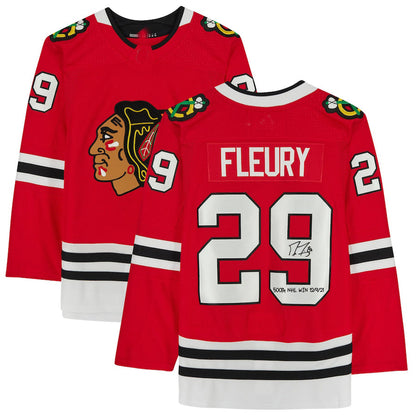 C.Blackhawks #29 Marc-Andre Fleury Authentic Autographed Red Jersey with 500th Win 12-9-21 Inscription Red Stitched American Hockey Jerseys CROVYIE