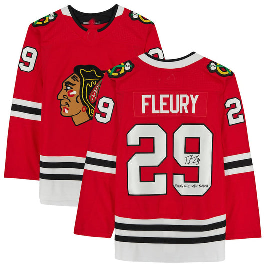 C.Blackhawks #29 Marc-Andre Fleury Authentic Autographed Red Jersey with 500th Win 12-9-21 Inscription Red Stitched American Hockey Jerseys CROVYIE