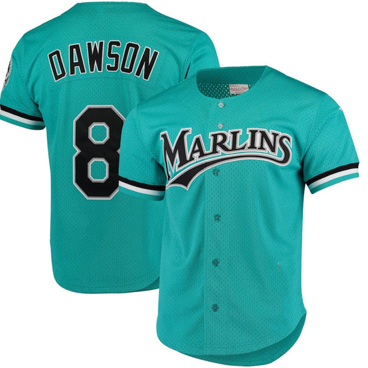 Miami Marlins #8 Andre Dawson Mitchell & Ness Cooperstown Collection Mesh Batting Practice Button-Up Jersey - Teal Stitched Baseball Jersey