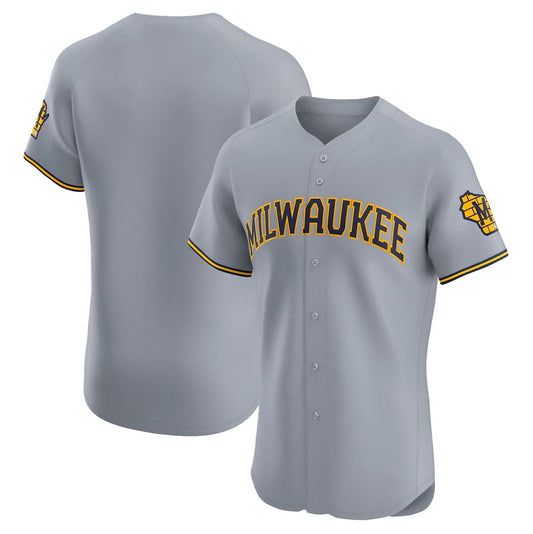 Milwaukee Brewers Road Vapor Premier Elite Patch Jersey - Gray Stitched Baseball Jersey