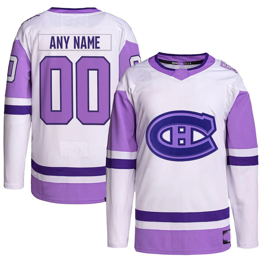 Custom M.Canadiens Hockey Fights Cancer Primegreen Authentic Jersey  White Purple Stitched American Hockey Jerseys CROVYIE