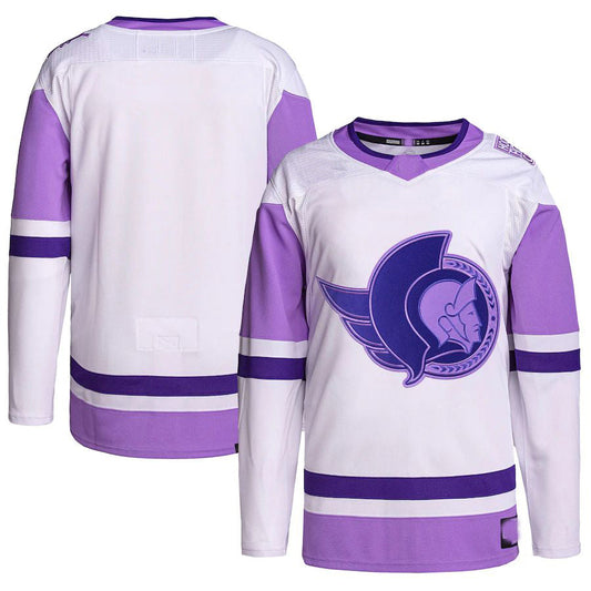 O.Senators Hockey Fights Cancer Primegreen Authentic Blank Practice Jersey White Purple Stitched American Hockey Jerseys CROVYIE