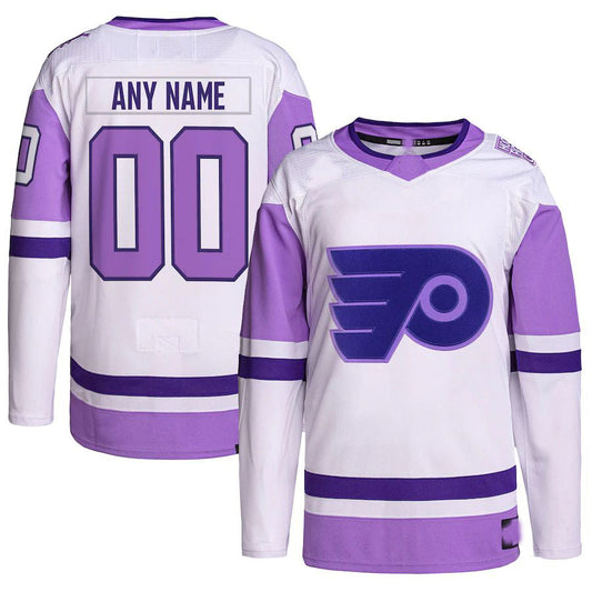 Custom P.Flyers Hockey Fights Cancer Primegreen Authentic Jersey White-Purple Stitched American Hockey Jerseys CROVYIE