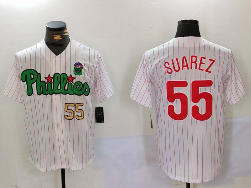 Philadelphia Phillies #55 Ranger Su¨¢rez White Green Cool Base Stitched Baseball Jersey