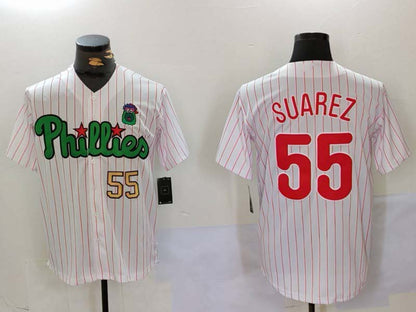 Philadelphia Phillies #55 Ranger Su¨¢rez White Green Cool Base Stitched Baseball Jersey