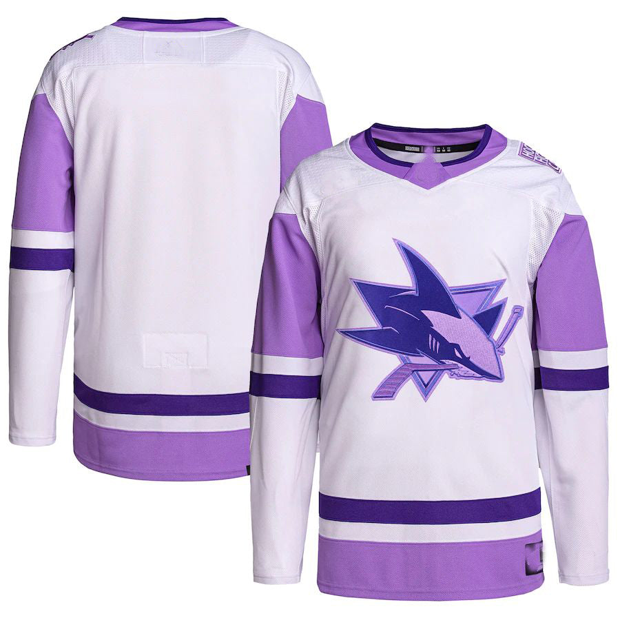 SJ.Sharks Hockey Fights Cancer Primegreen Authentic Blank Practice Jersey White Purple Stitched American Hockey Jerseys CROVYIE