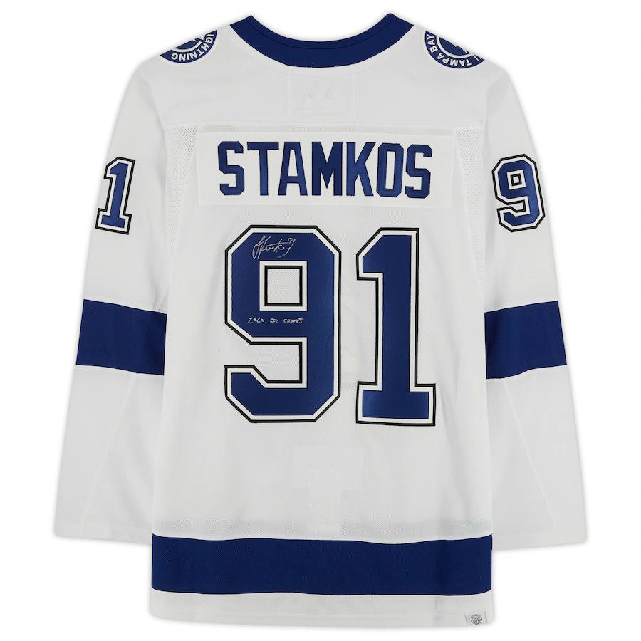 TB.Lightning #91 Steven Stamkos Fanatics Authentic Autographed with Stanley Cup Final Patch and 2020 SC Champs Inscription White Stitched American Hockey Jerseys CROVYIE