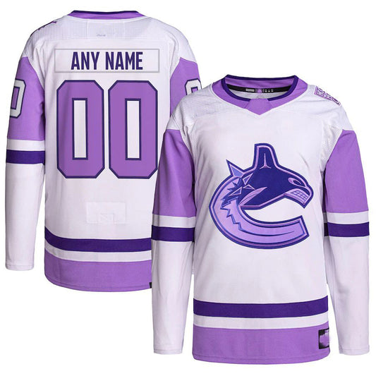 Custom V.Canucks Hockey Fights Cancer Primegreen Authentic Jersey White Purple Stitched American Hockey Jerseys CROVYIE