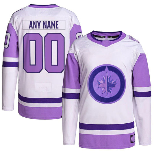 Custom W.Jets Hockey Fights Cancer Primegreen Authentic Jersey White Purple Stitched American Hockey Jerseys CROVYIE
